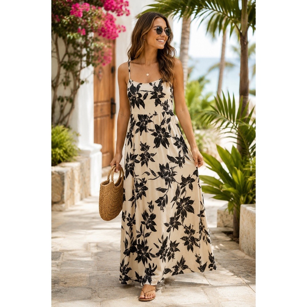 Monteau Los Angeles Floral Linen Blend Maxi Dress L Black Ivory Smocked Back